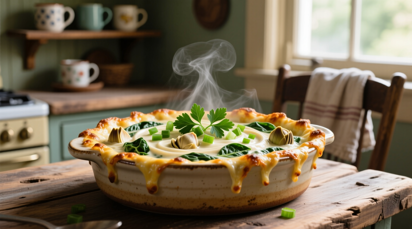 Creamy spinach artichoke dip bubbling in oven dish