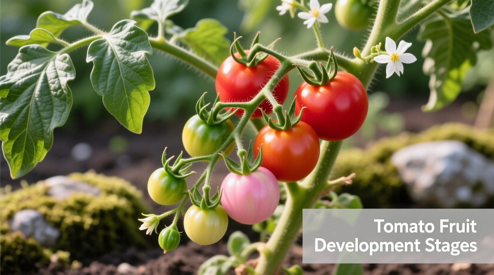 Tomato plant showing fruit development stages