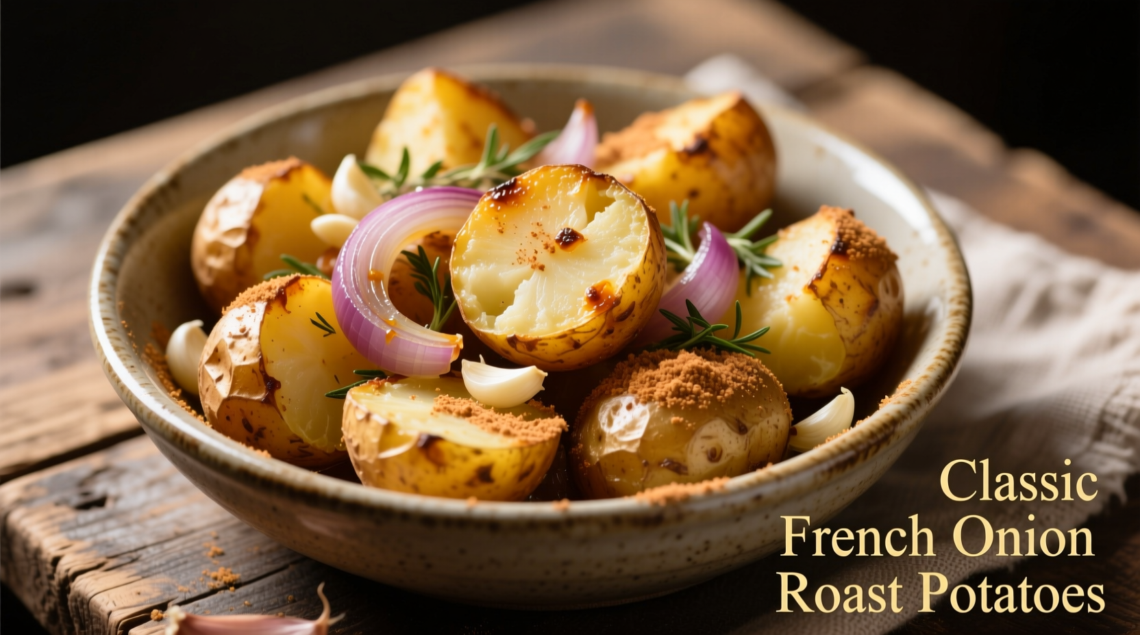Golden roasted potatoes with French onion seasoning