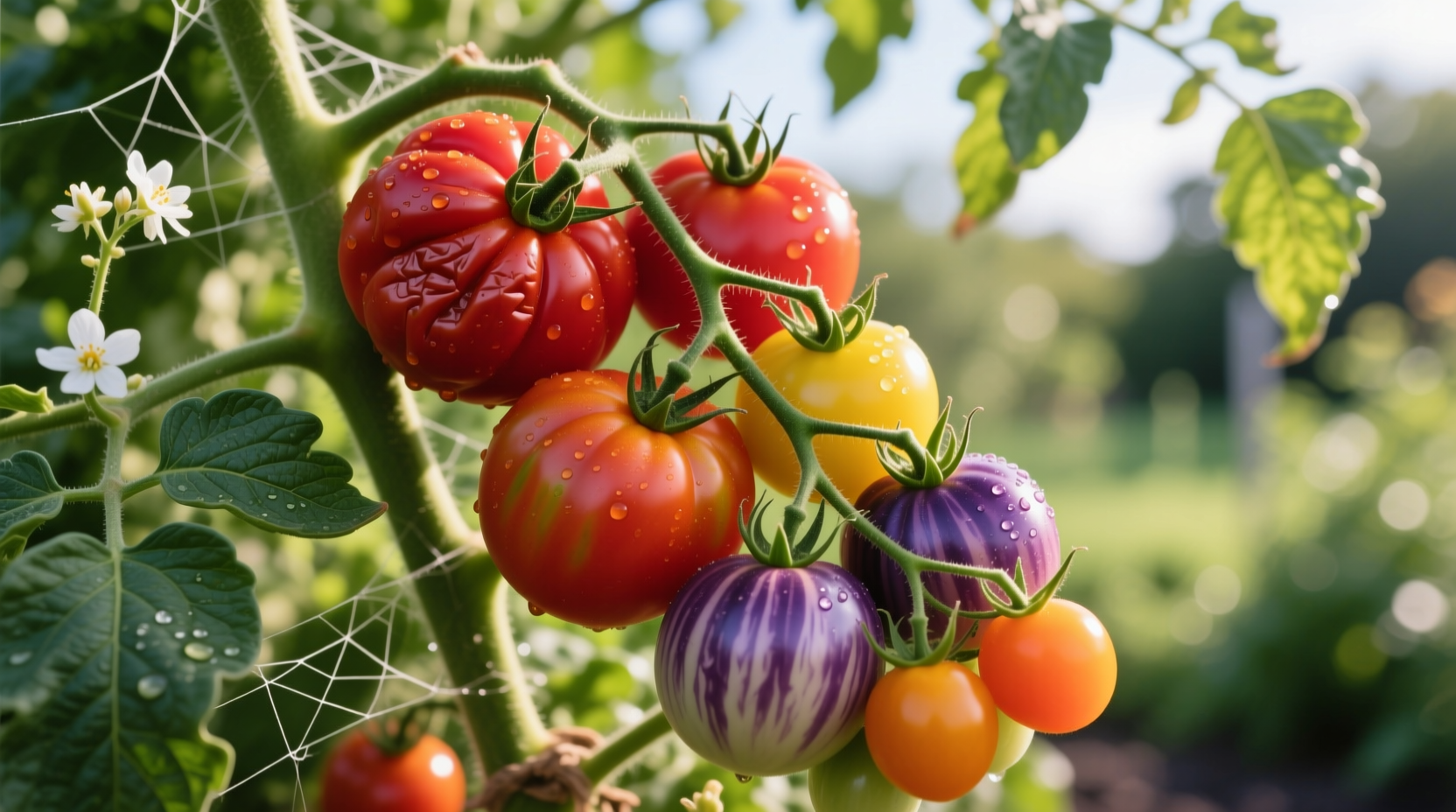 Ripe tomatoes on vine showing different varieties