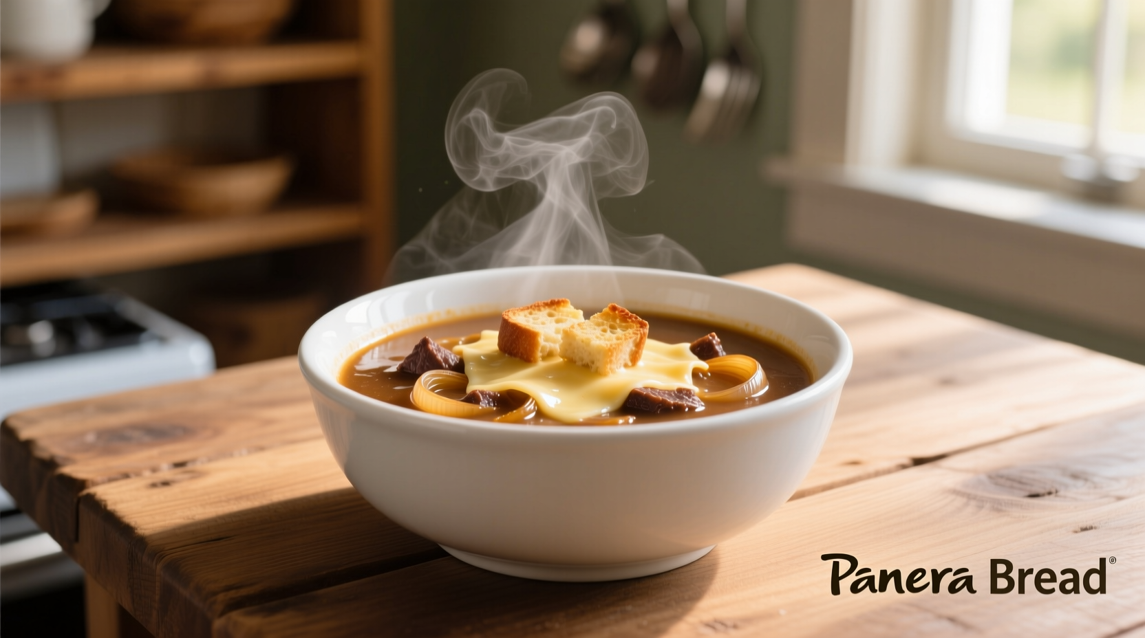 Panera Bread French onion soup in white bowl