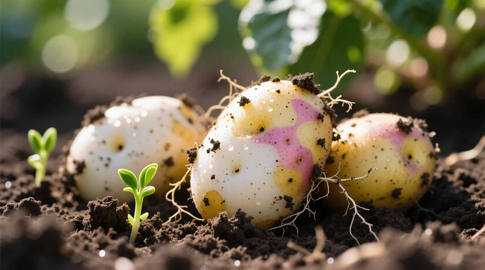 Freshly harvested melody potatoes in garden soil