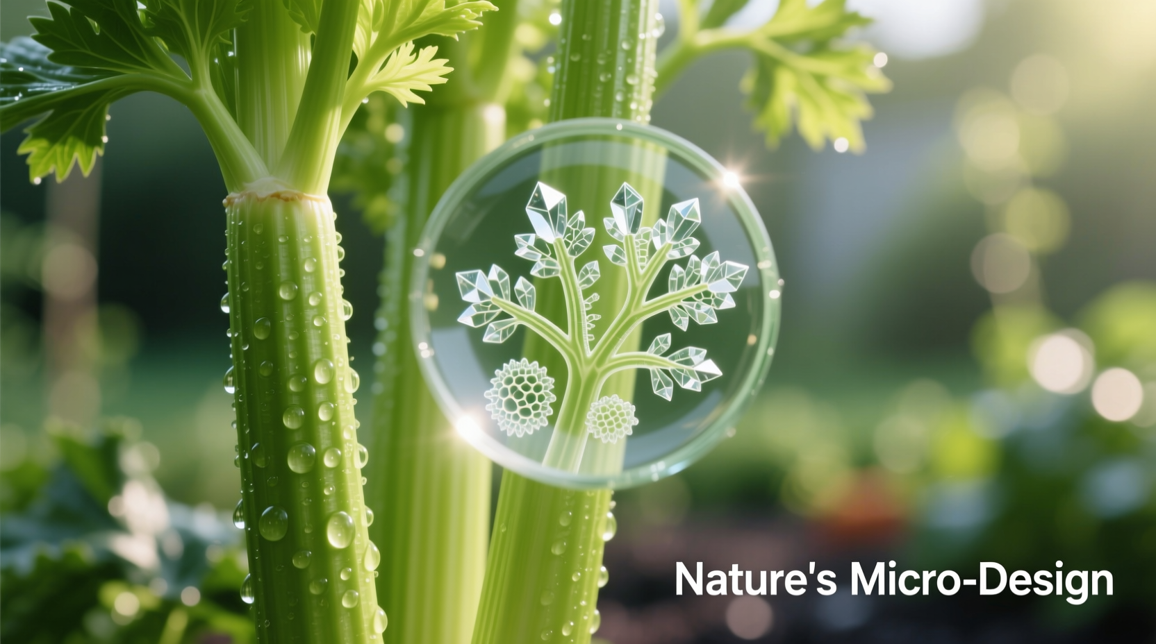 Fresh celery stalks with magnifying glass showing natural compounds