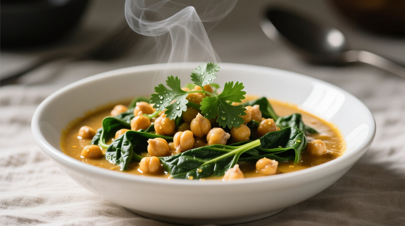 Chickpea spinach curry in white bowl with fresh cilantro garnish