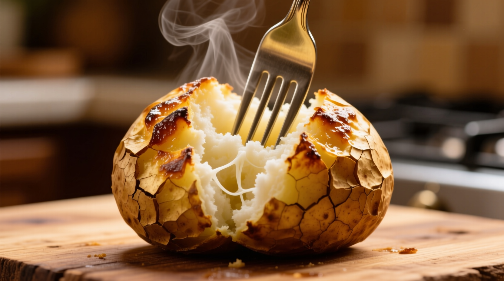 Golden baked potato with fork showing fluffy interior
