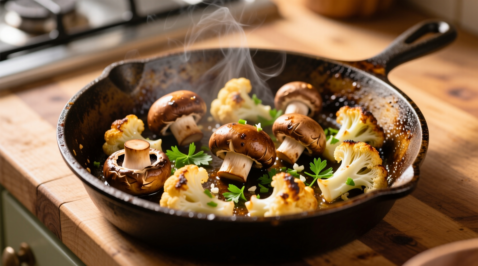 Golden brown garlic mushrooms cauliflower skillet in cast iron pan