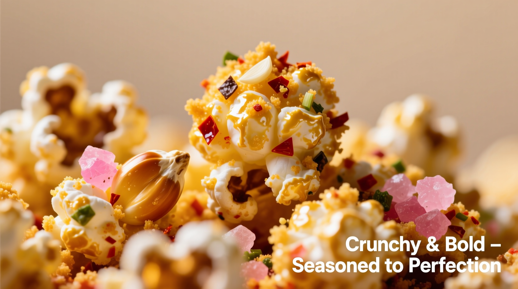 Close-up of popcorn kernels coated with various seasonings