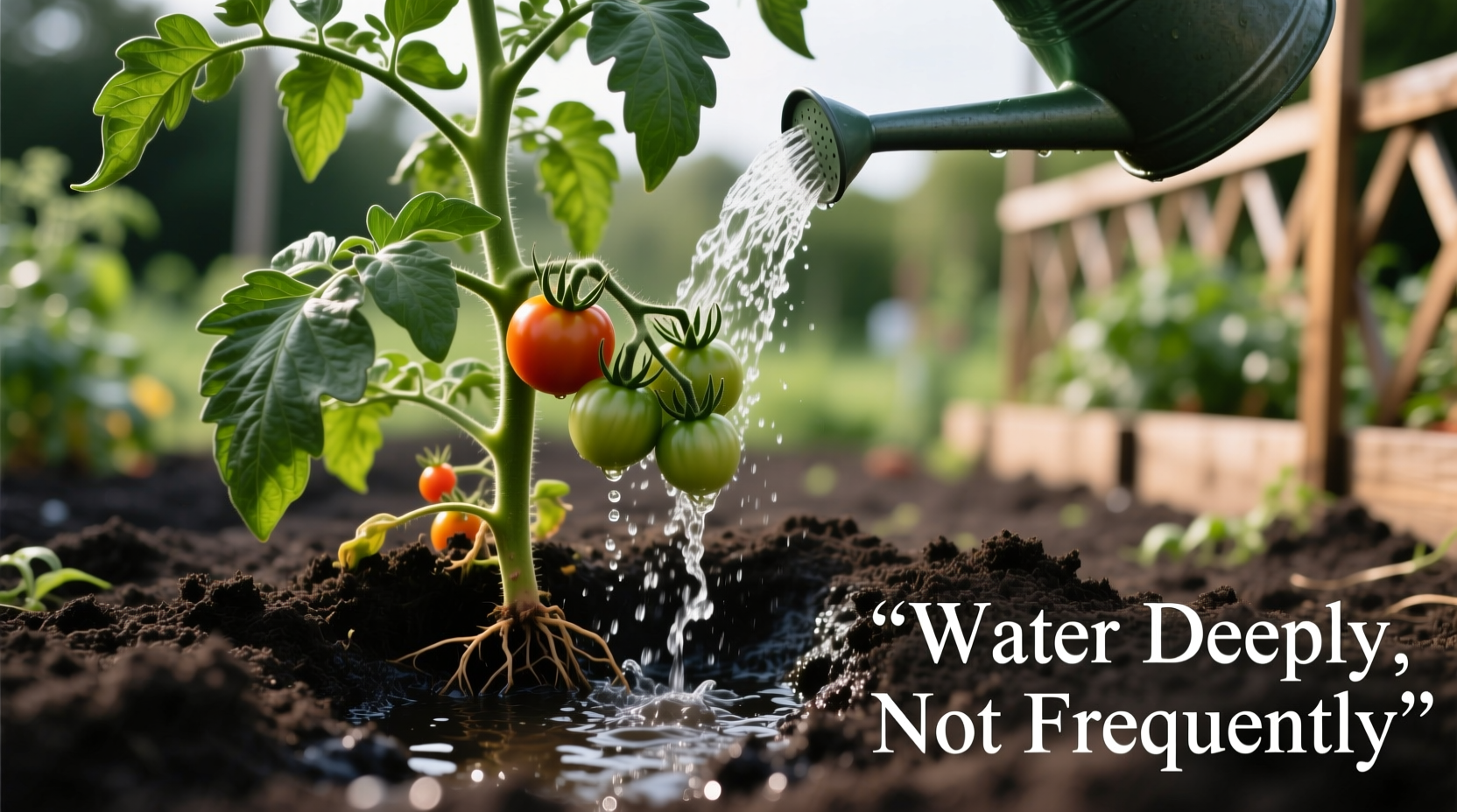 Tomato plant showing proper deep watering technique