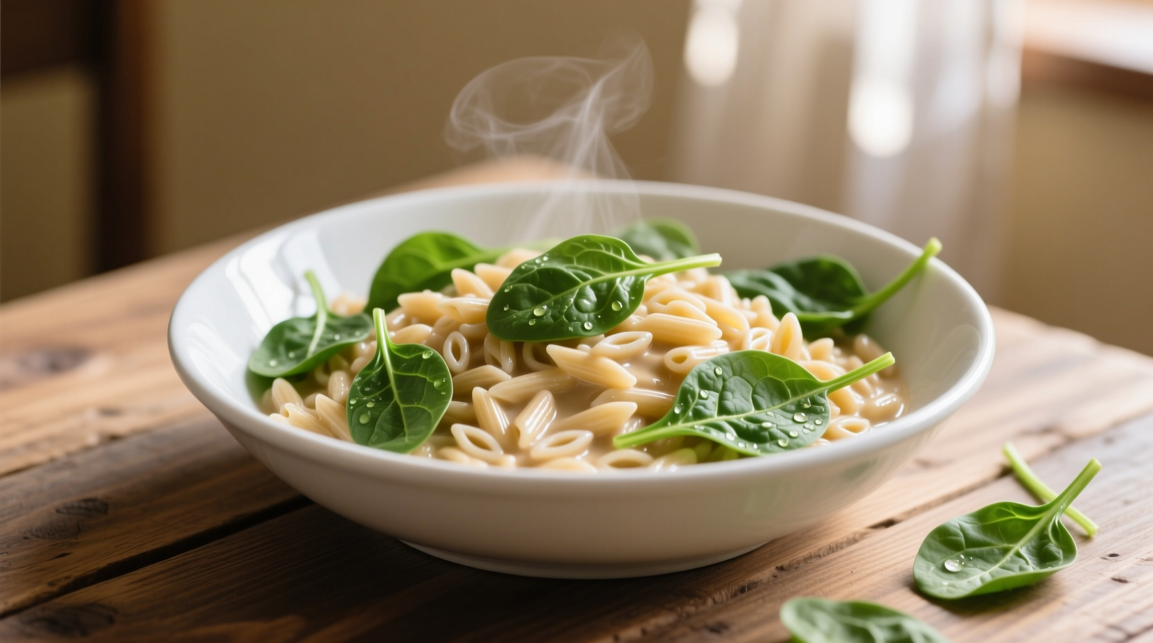 Creamy orzo pasta with fresh spinach in white bowl