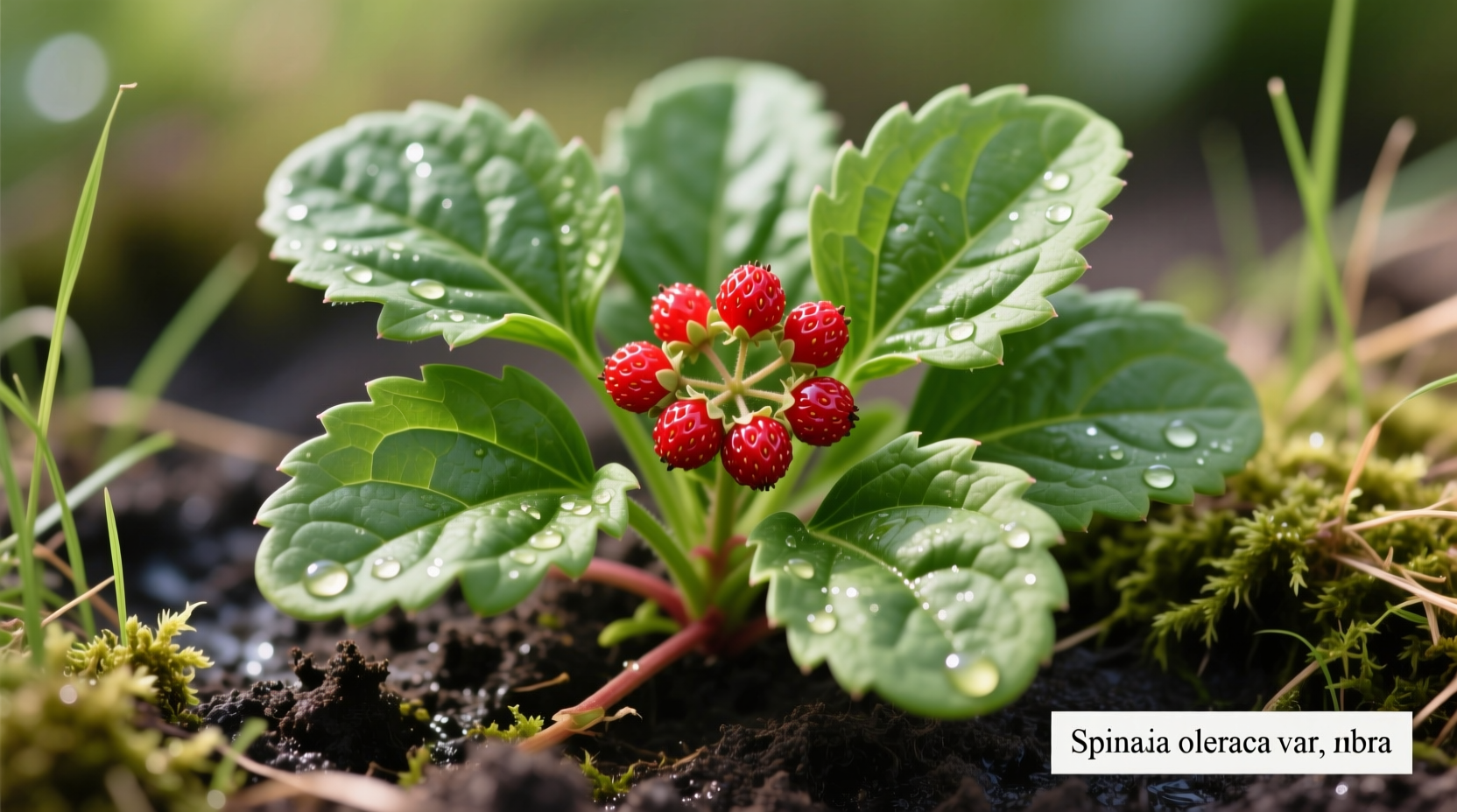 Strawberry spinach plant showing both leaves and red seed clusters