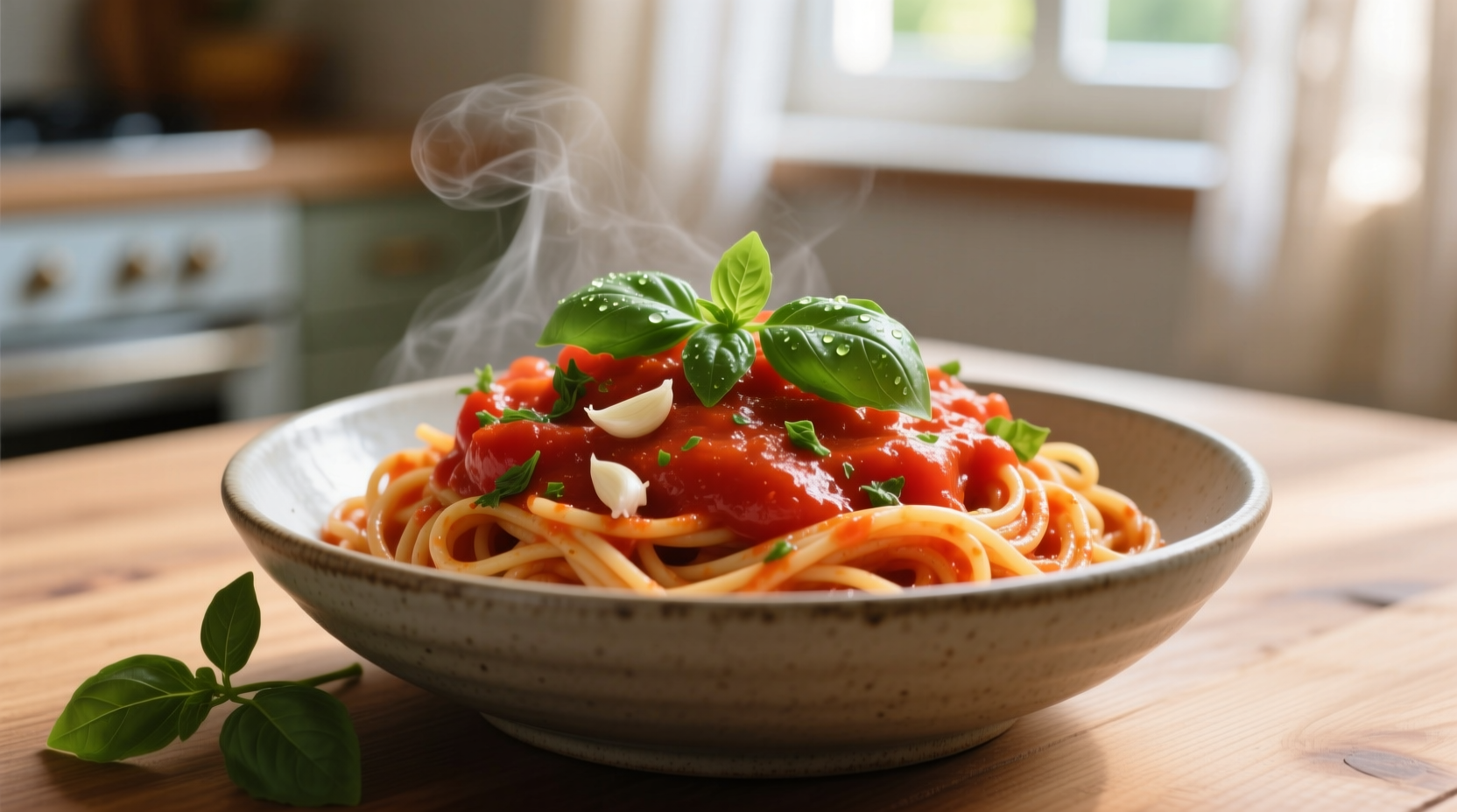 Fresh tomato pasta with basil garnish