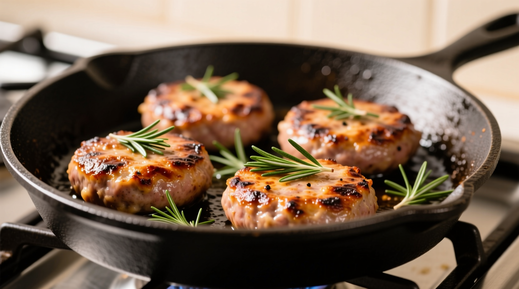 Homemade breakfast sausage patties browning in cast iron skillet with herb garnish