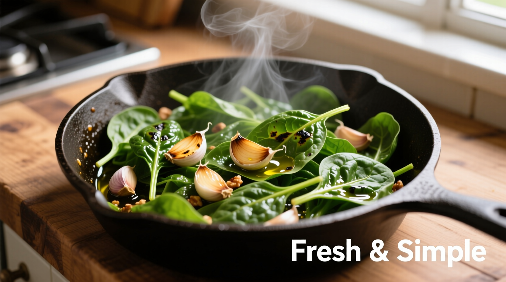 Perfectly sautéed spinach with garlic in a skillet