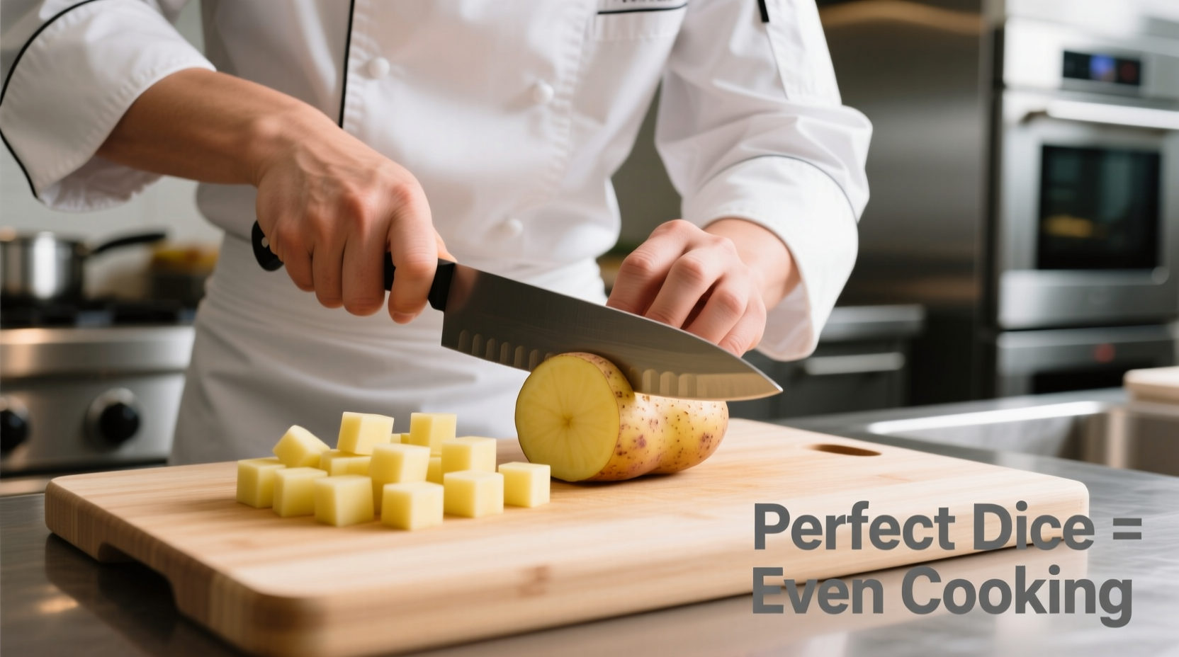 Chef demonstrating proper potato cutting technique for even cooking