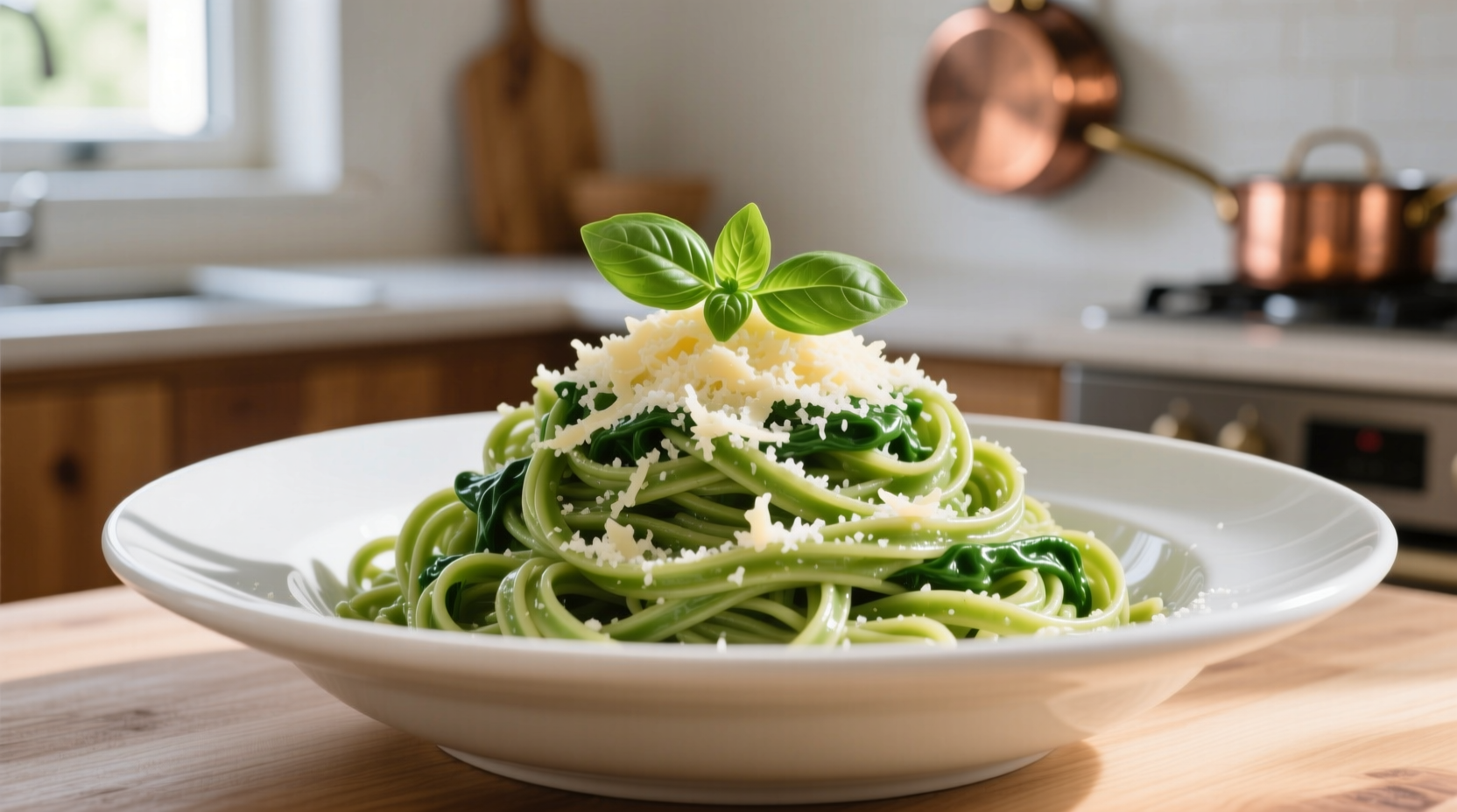 Fresh spinach spaghetti pasta in white bowl with parmesan