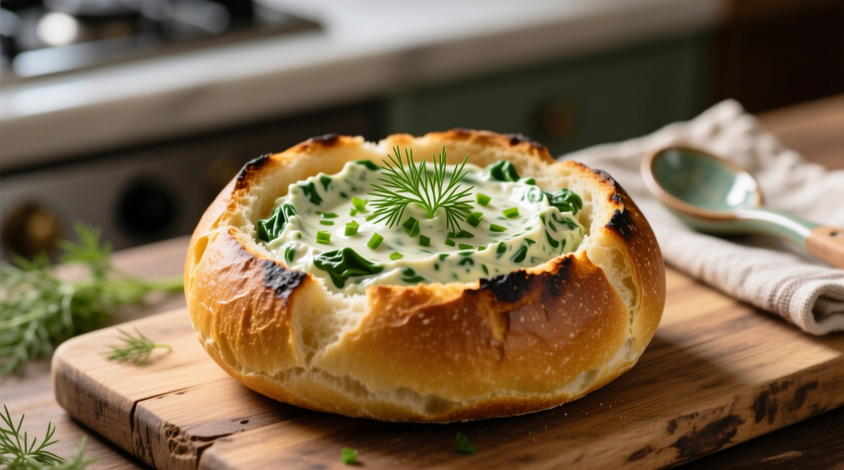 Creamy spinach dip served in golden bread bowl with fresh dill garnish