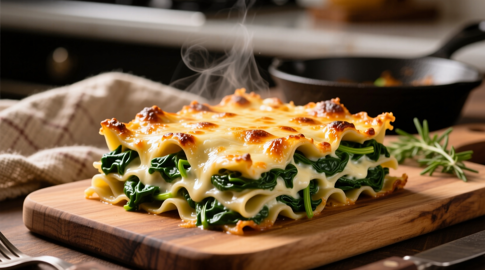 Creamy spinach lasagna with golden cheese topping