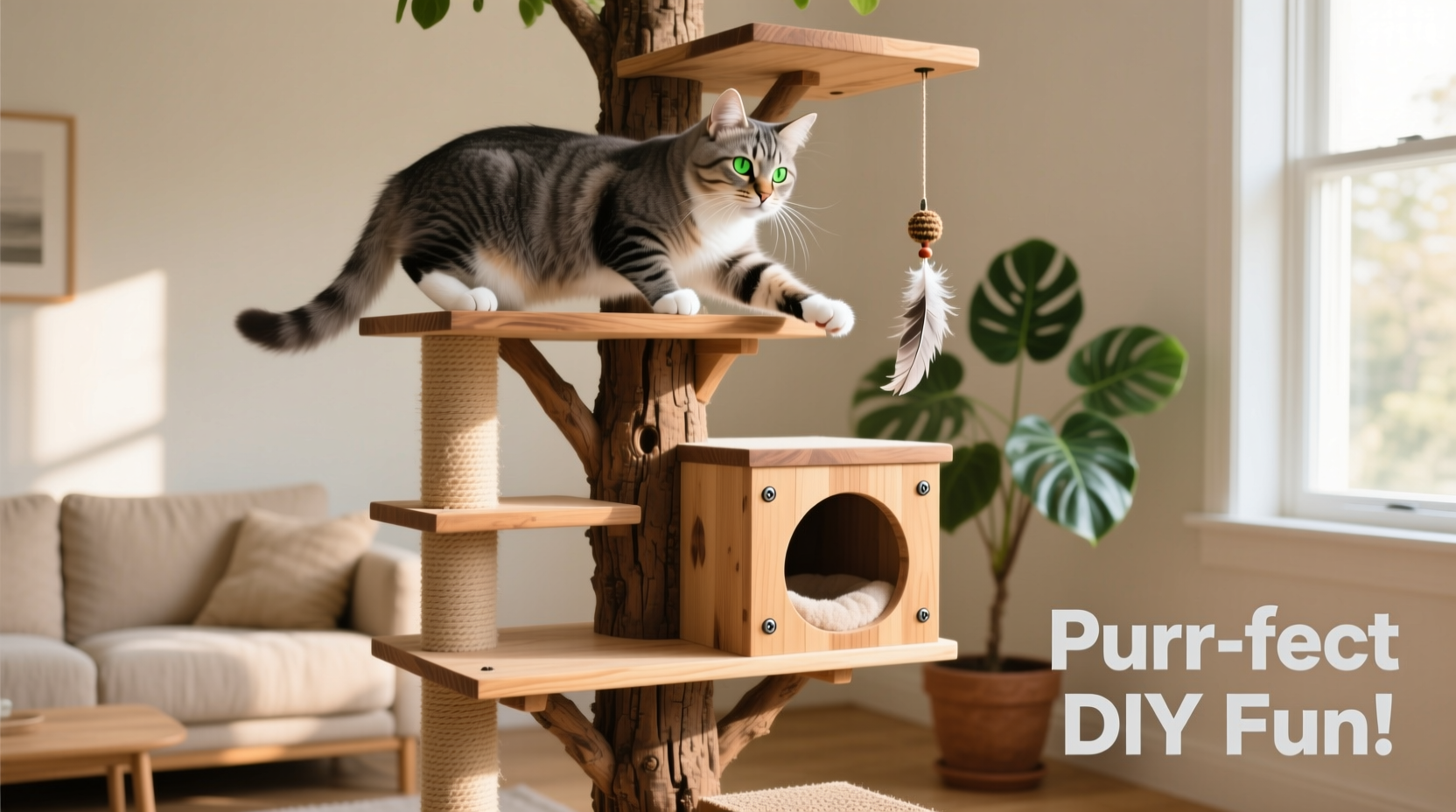 Cat using DIY tree with multiple activity levels