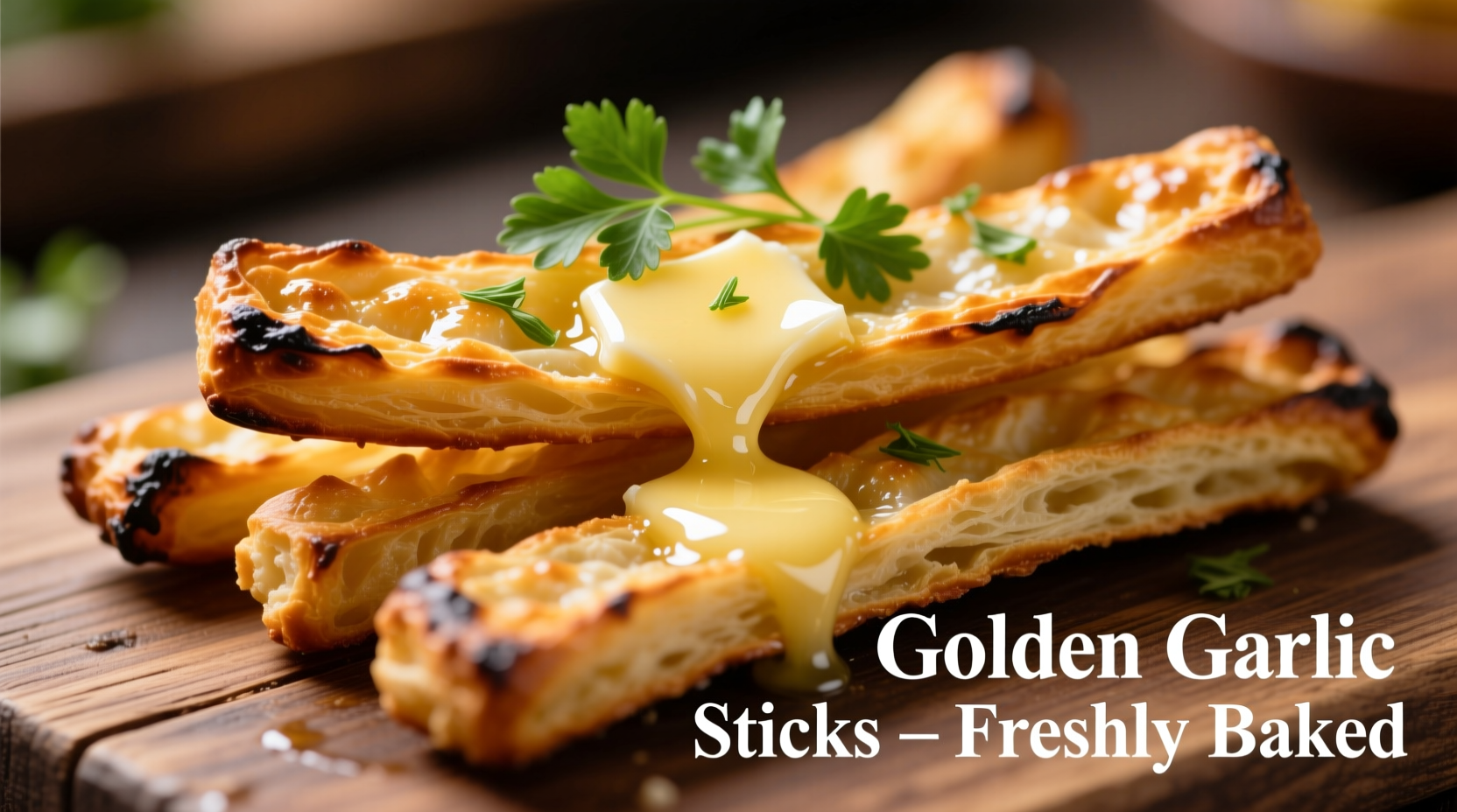 Freshly baked golden garlic sticks with melted butter