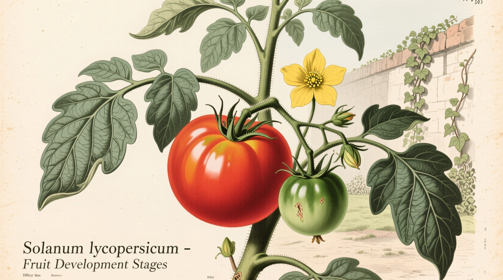 Tomato plant with ripe fruit showing flower and developing fruit