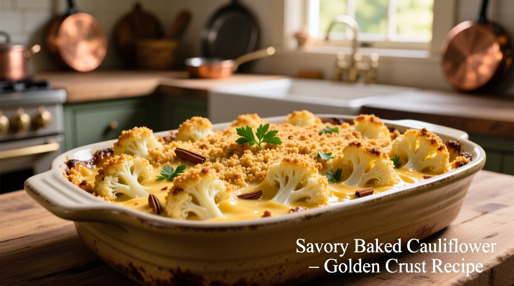 Golden baked cauliflower casserole with crispy breadcrumb topping