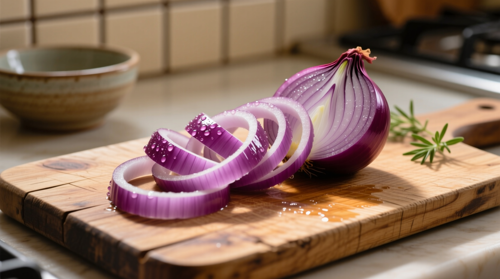 Fresh purple onion saluda on wooden cutting board