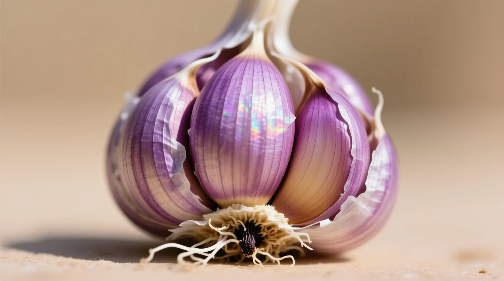 Close-up of garlic components showing cloves, skin, and root end