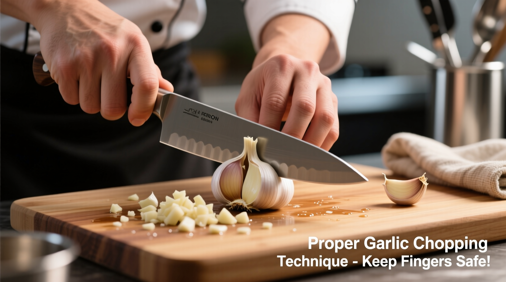 Chef's hand demonstrating proper garlic chopping technique with knife