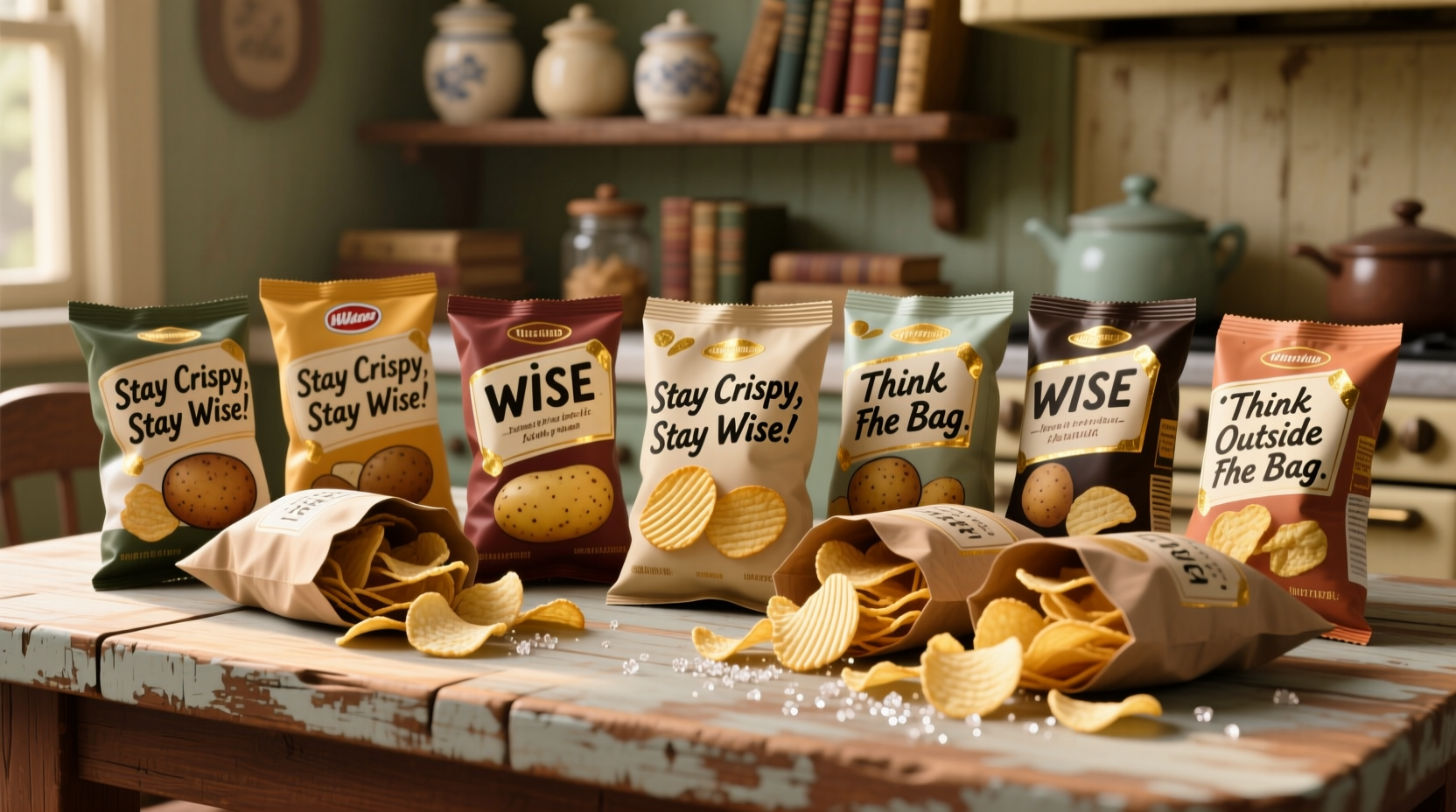 Wise potato chips varieties on wooden table