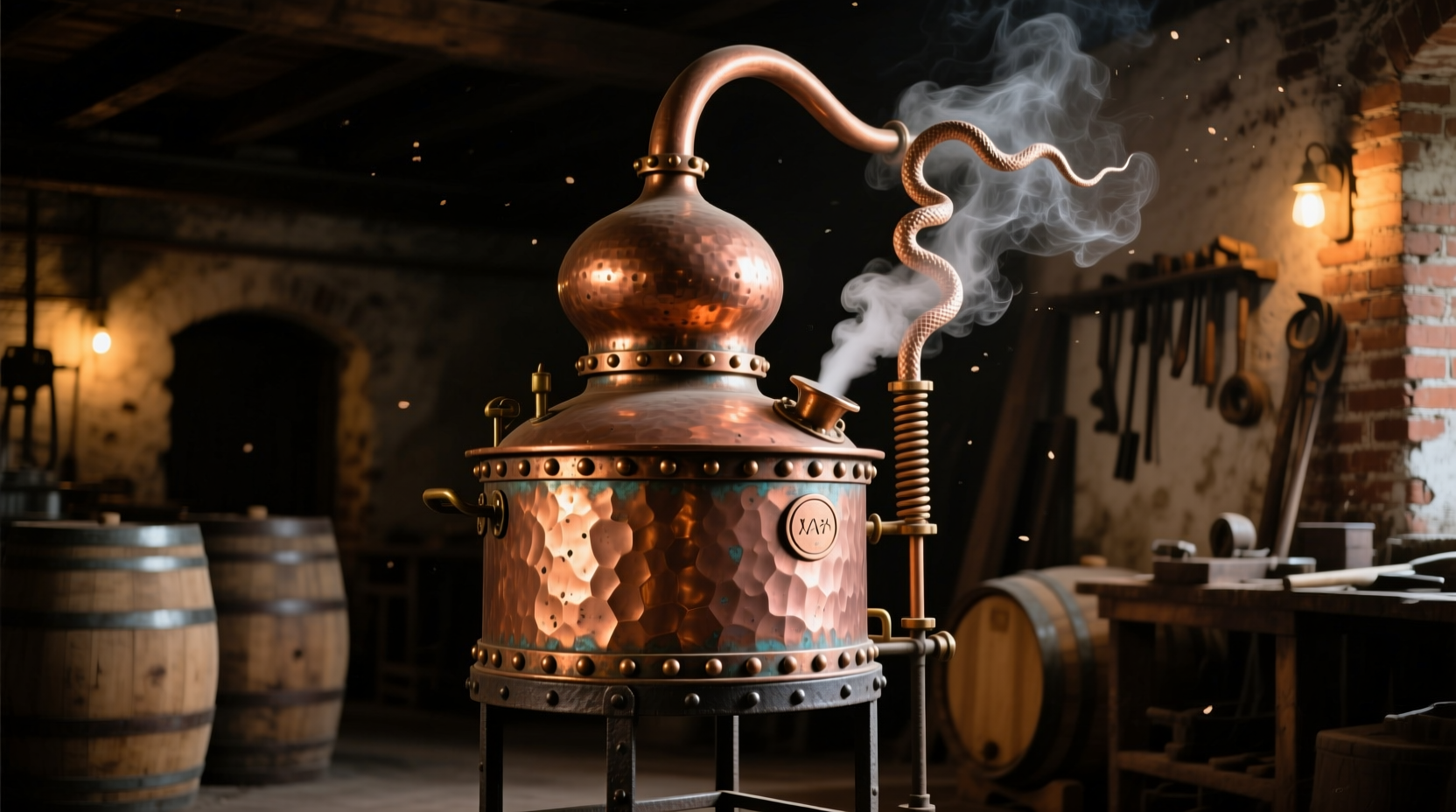 Traditional copper pot still used in vodka production