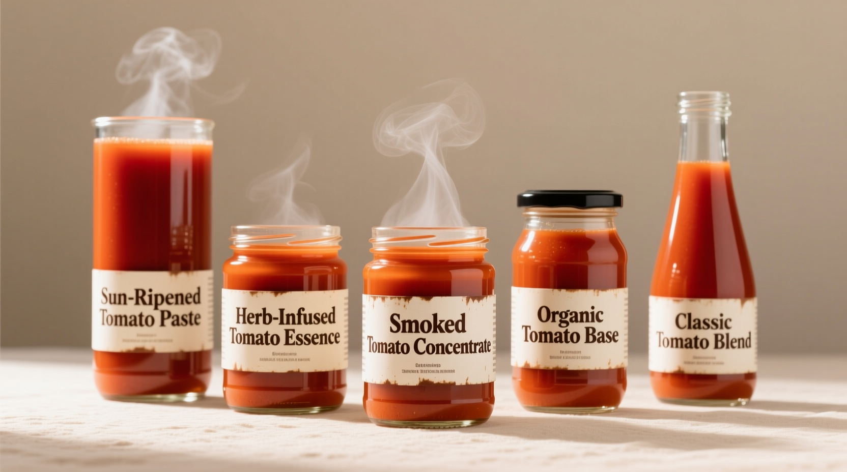 Five tomato bouillon substitute options in glass containers