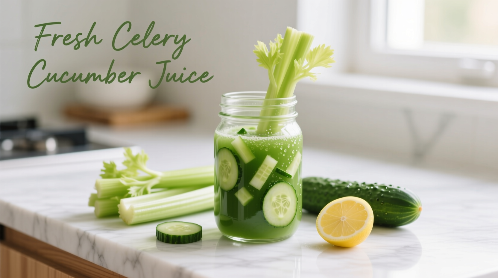 Fresh celery cucumber juice in glass with ingredients