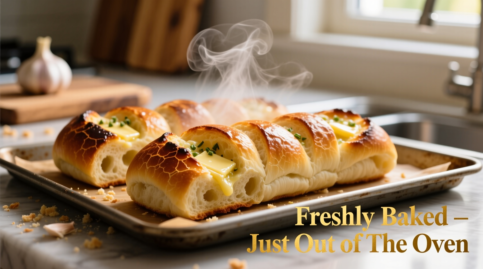 Golden garlic bread rolls fresh from oven