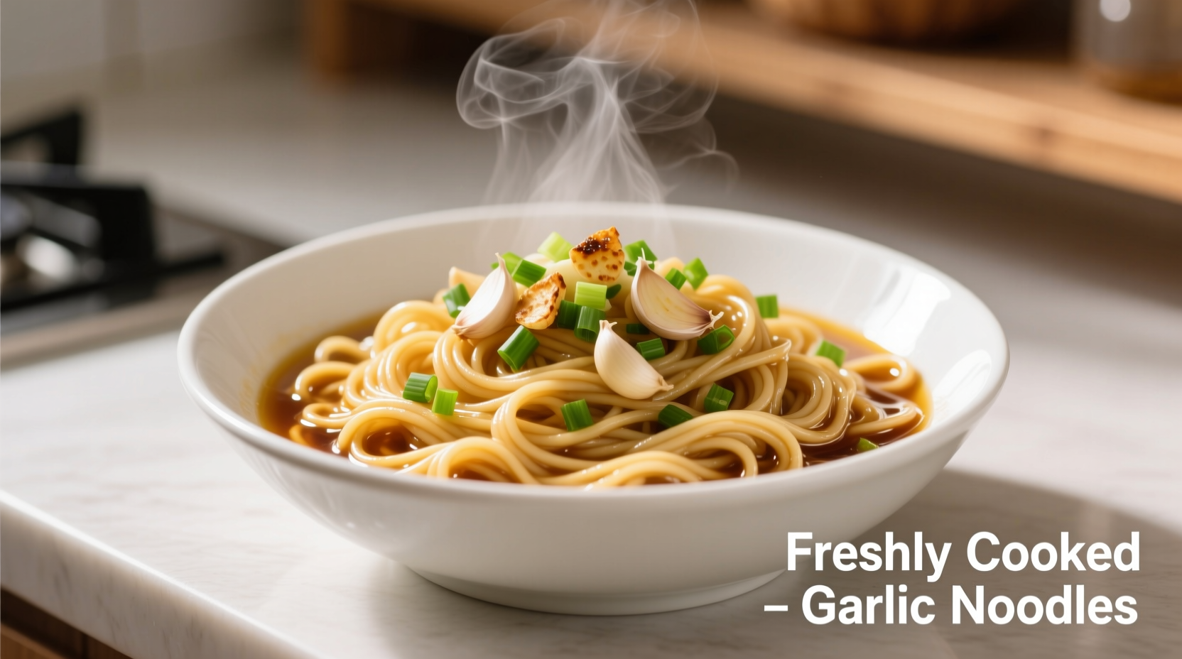 Freshly cooked garlic noodles in white bowl