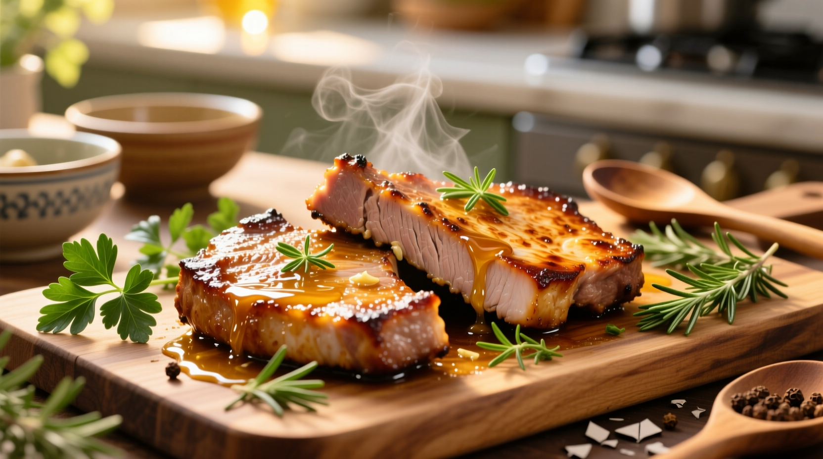 Golden honey garlic pork chops with fresh herbs