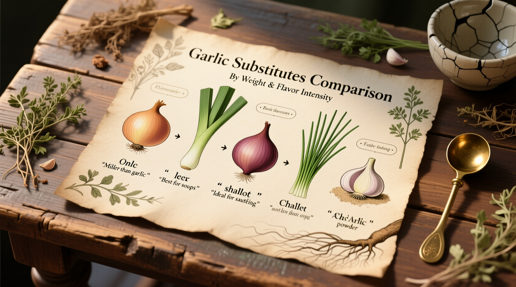 Garlic substitutes comparison chart on wooden table