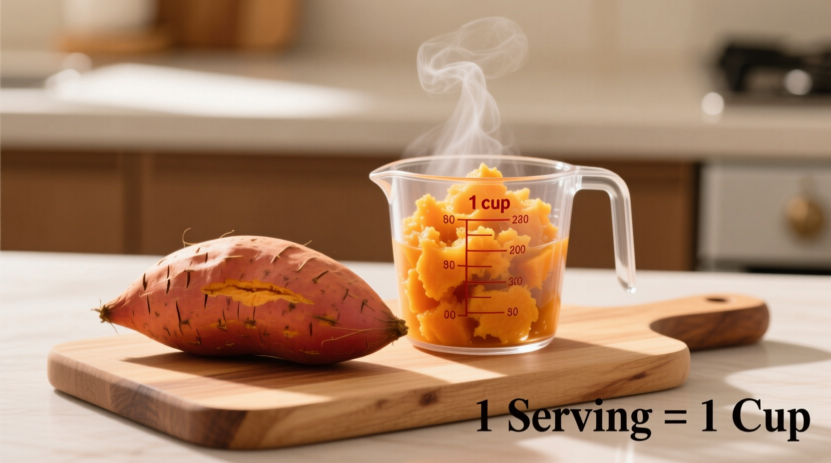 Medium sweet potato next to measuring cup showing proper serving size