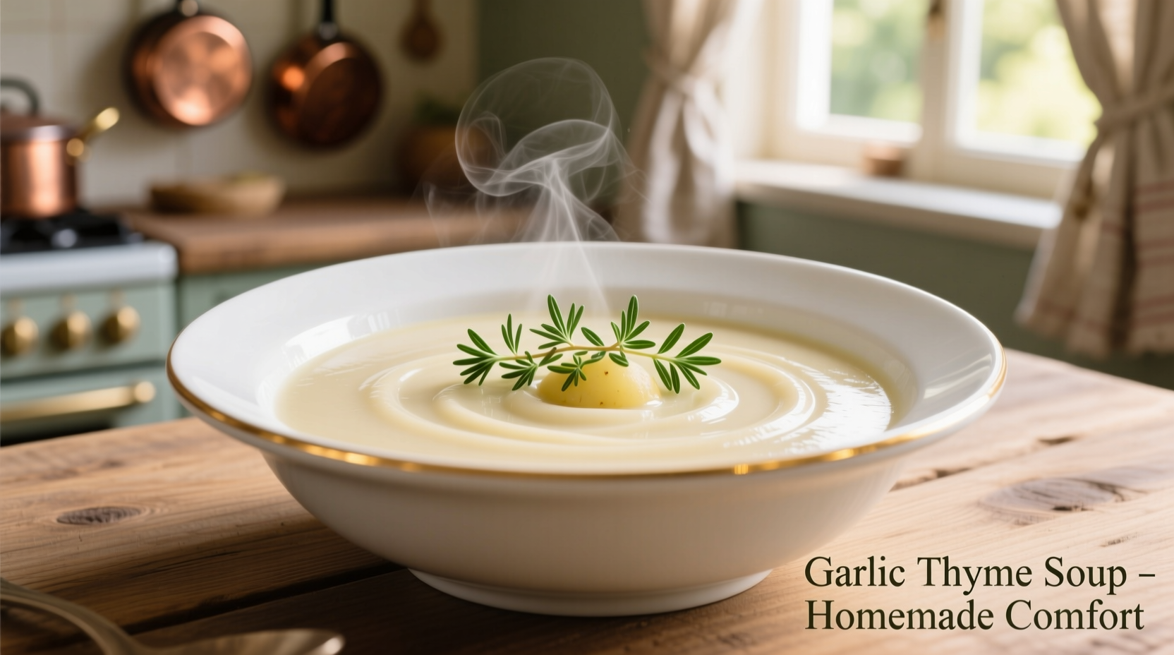 Creamy garlic potato soup in white bowl with fresh thyme