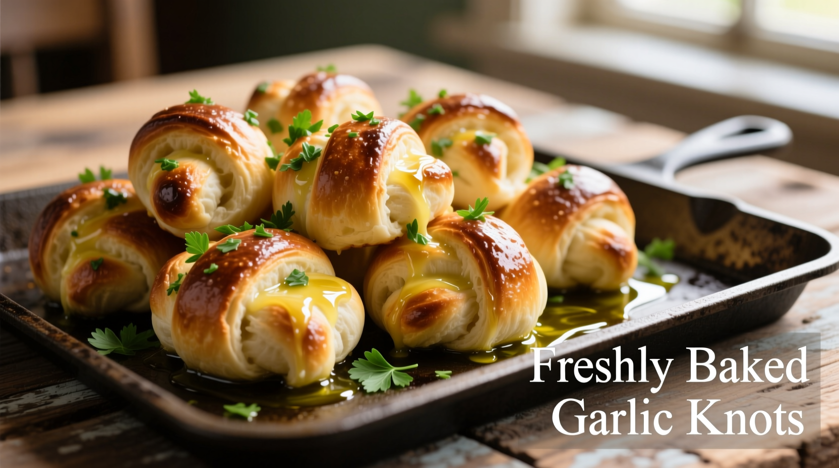 Golden brown garlic knots on baking sheet with fresh parsley