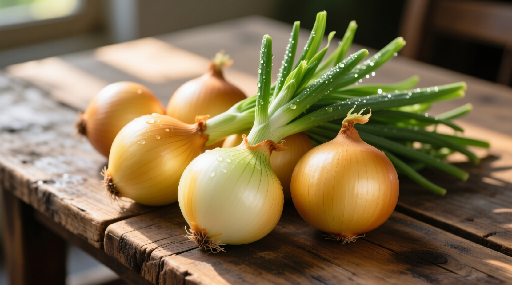Fresh yellow onions with green tops on wooden table