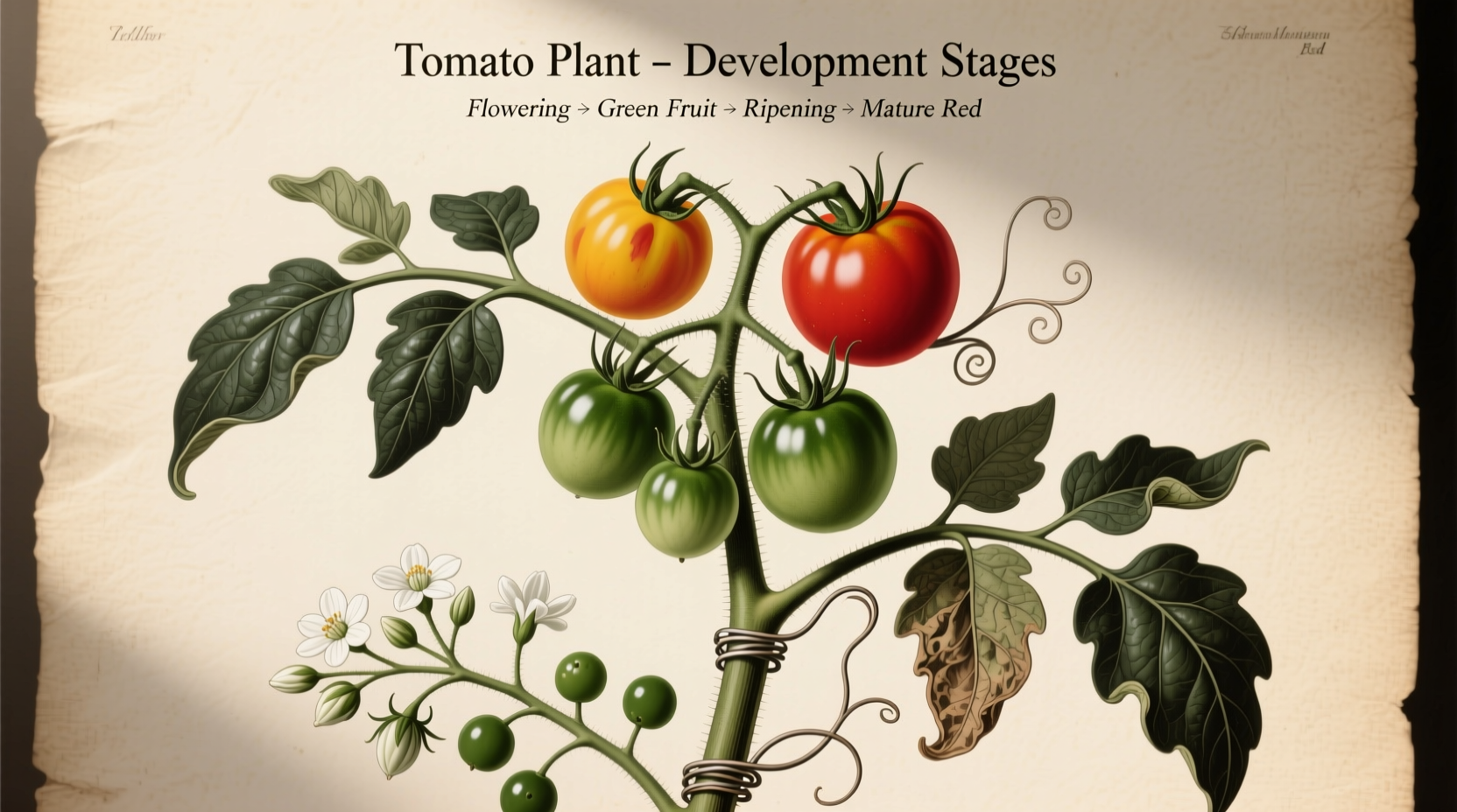 Tomato plant with flowers and fruit showing development stages