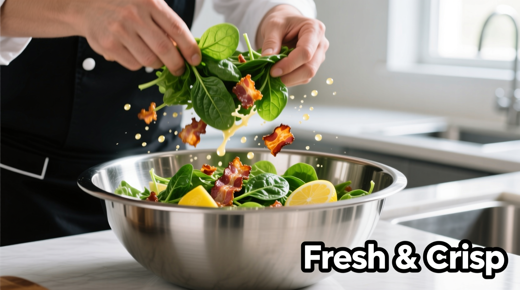 Chef preparing spinach and bacon salad in stainless steel bowl
