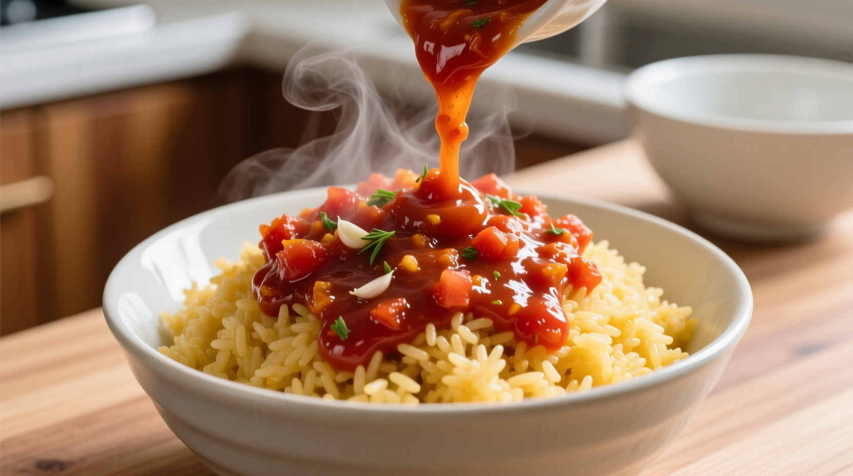 Tomato rice sauce poured over cooked rice