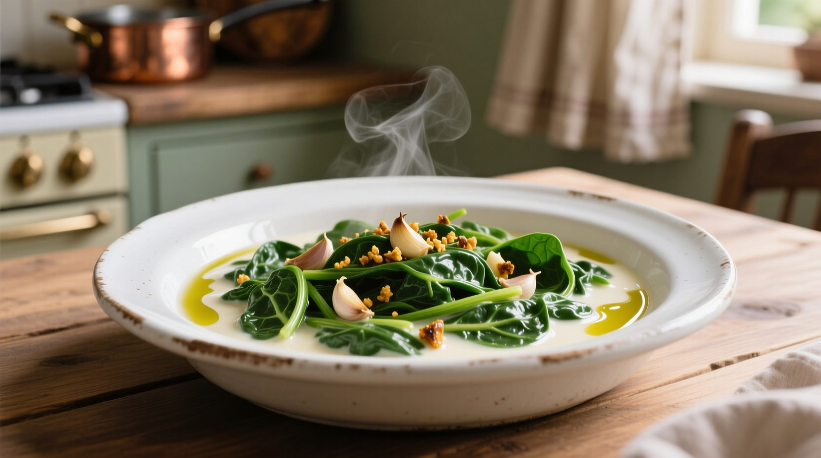 Creamy spinach in white ceramic dish with garlic