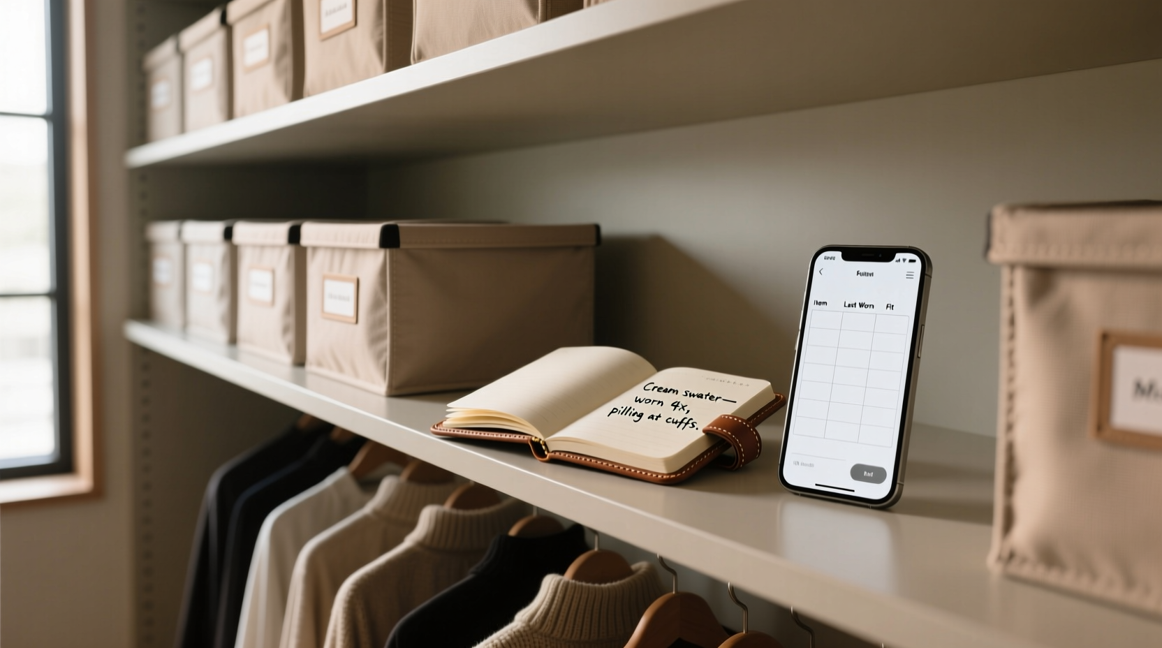 A minimalist closet with labeled garment bins, a small notebook open on a shelf showing handwritten entries like 'Cream sweater—worn 4x, pilling at cuffs', and a smartphone displaying a simple table with columns: Item, Last Worn, Fit, Mood'>

    <h2>Debunking the “Just Scan It All” Myth</h2>
    <p>The widespread belief that “automating inventory will finally bring order” confuses <strong>efficiency with intentionality</strong>. A scanner may tell you how many black tees you own—but it won’t tell you whether three are truly necessary, or whether one fits so poorly it’s actively eroding your morning calm. Order emerges not from surveillance, but from reflection. Manual tagging forces pause, assessment, and choice—the very behaviors that build wardrobe resilience. The smarter tool isn’t the one that sees more—it’s the one that helps you <strong>see clearly</strong>.</p>
    </section>

    <section class=