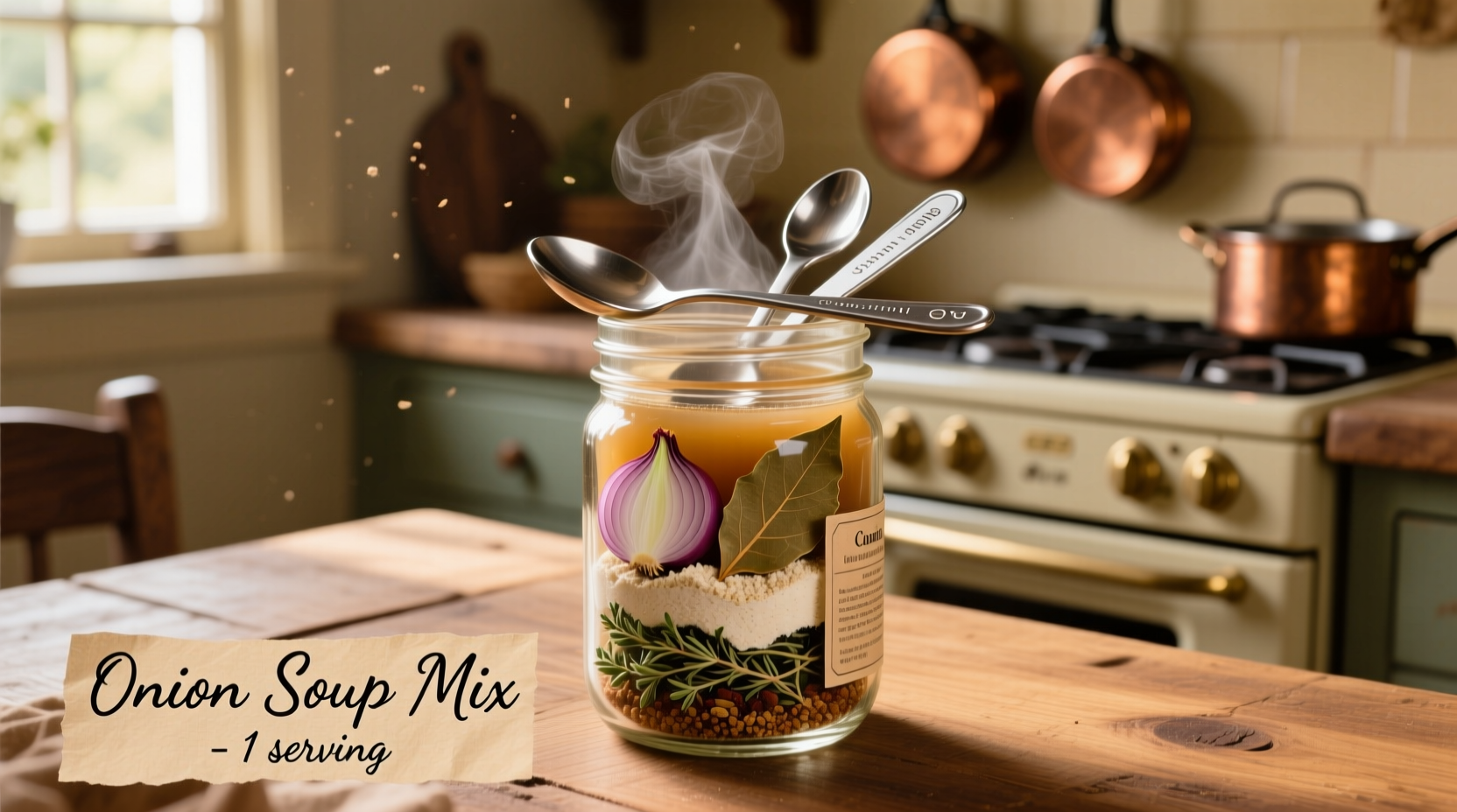 Homemade onion soup mix in mason jar with measuring spoons