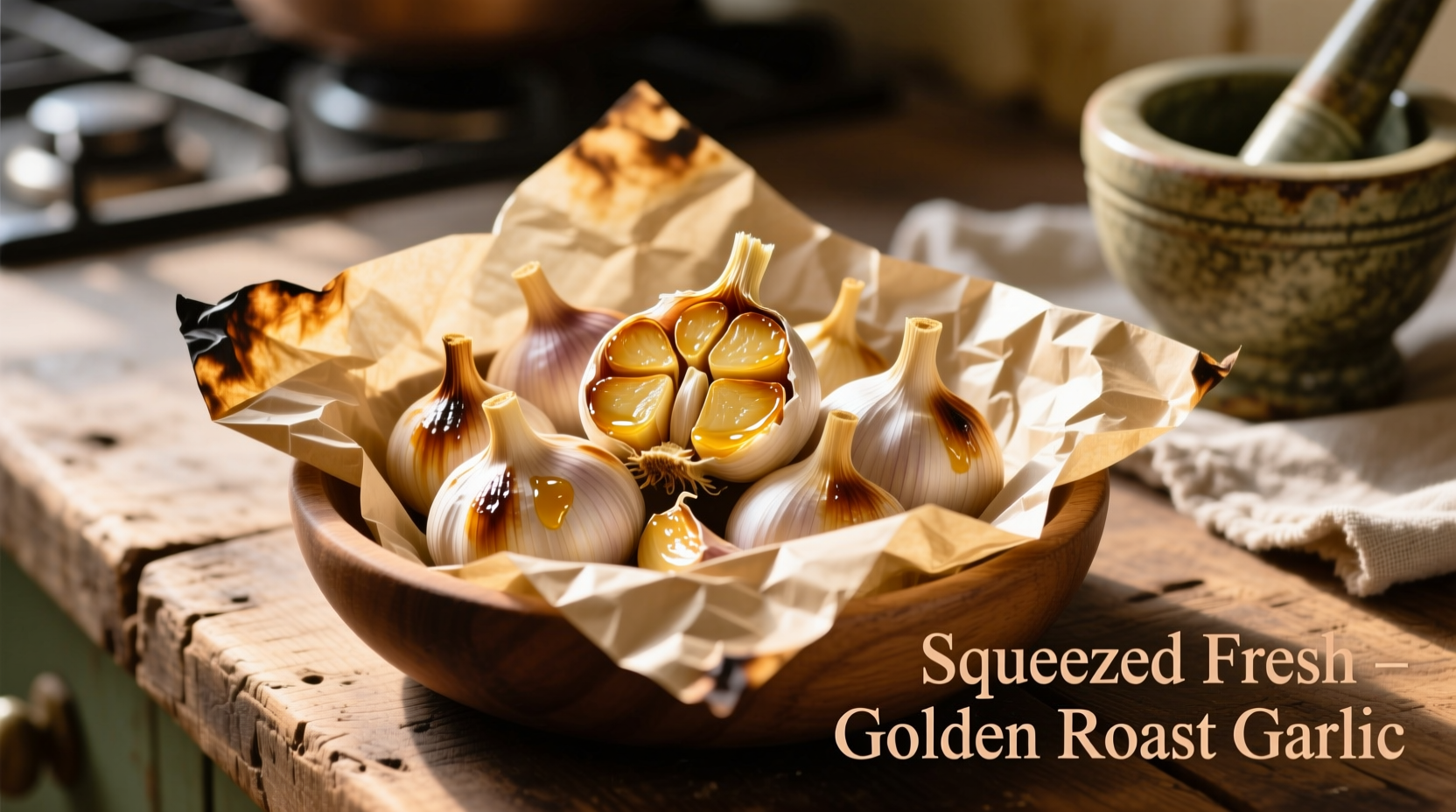 Golden roasted garlic cloves squeezed from parchment paper