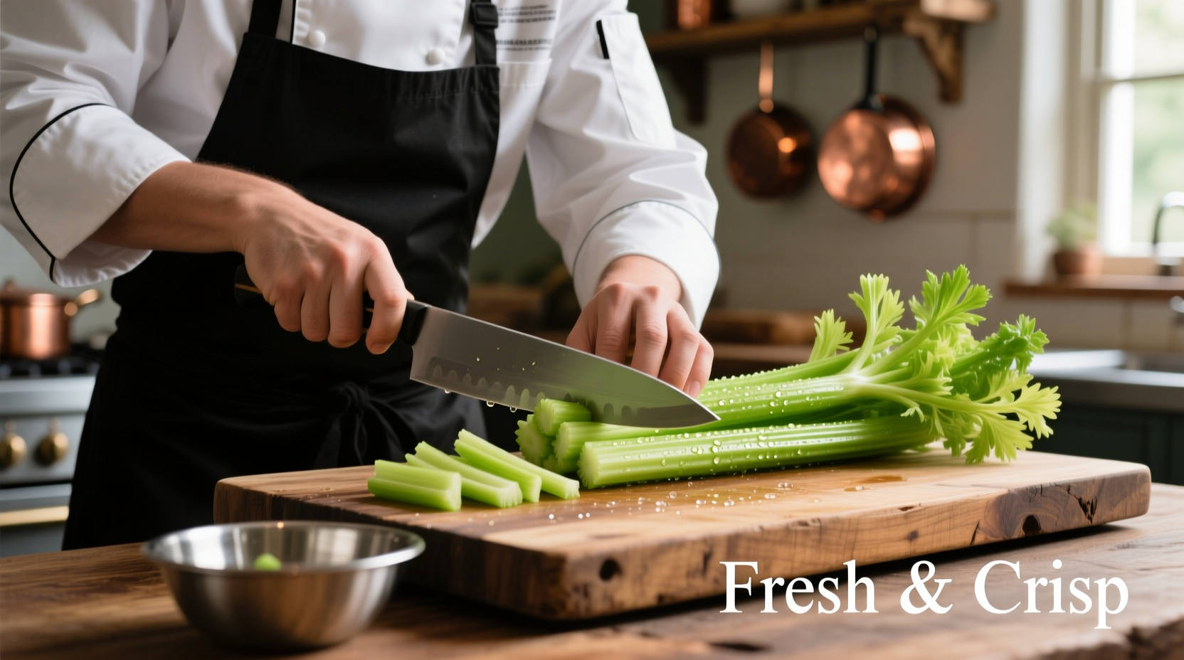Chef slicing fresh celery stalks on wooden cutting board