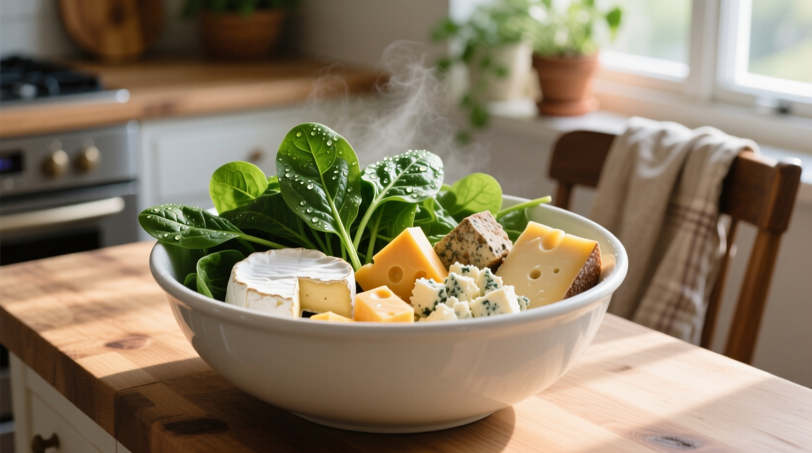 Fresh spinach and assorted cheeses in mixing bowl