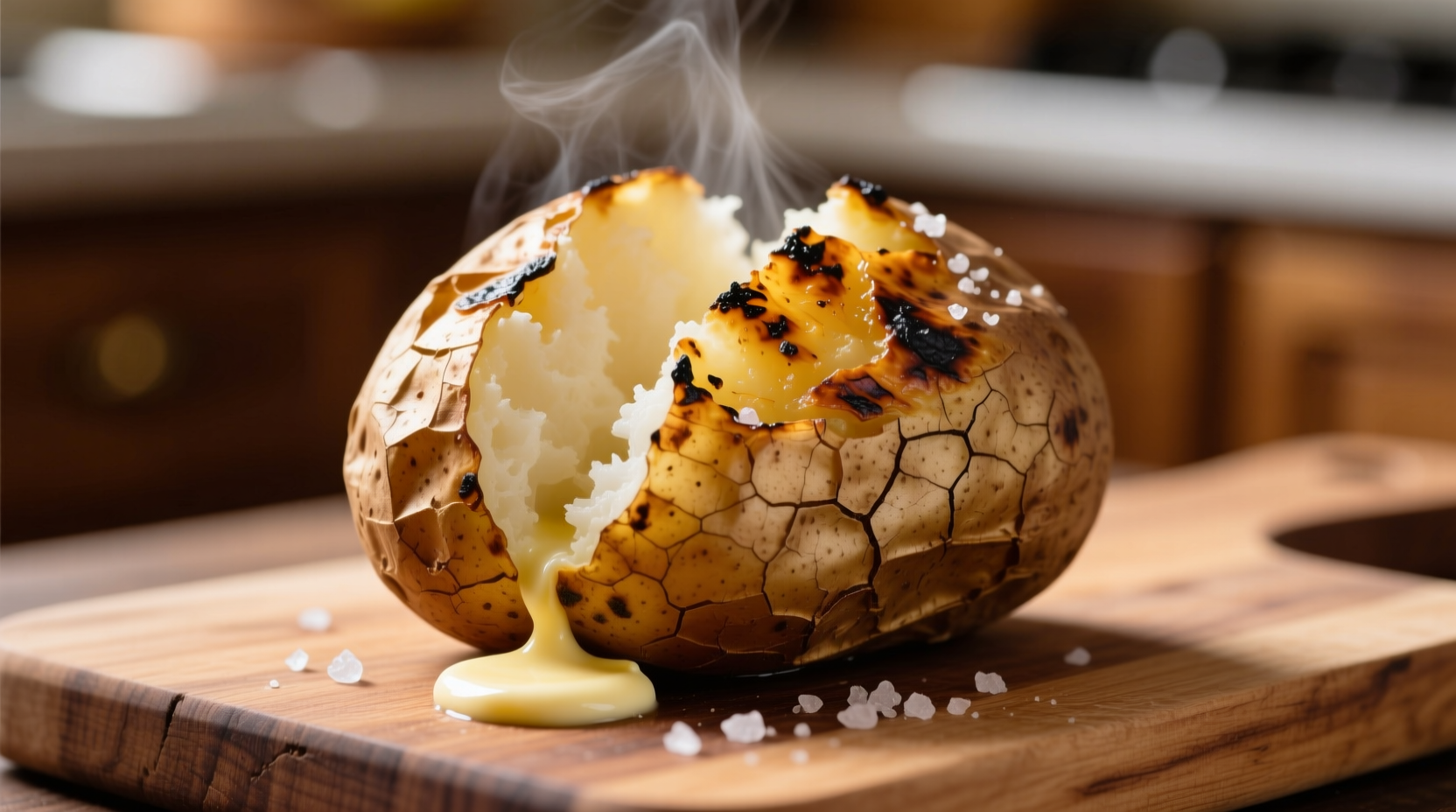 Grilled baked potato with crispy skin and fluffy interior